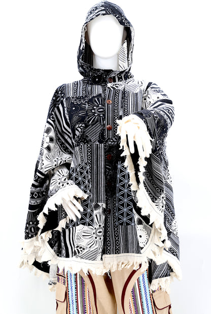 Cotton Hippie Handmade Flower of Life and Geometric Print Patchwork Bohemian Poncho