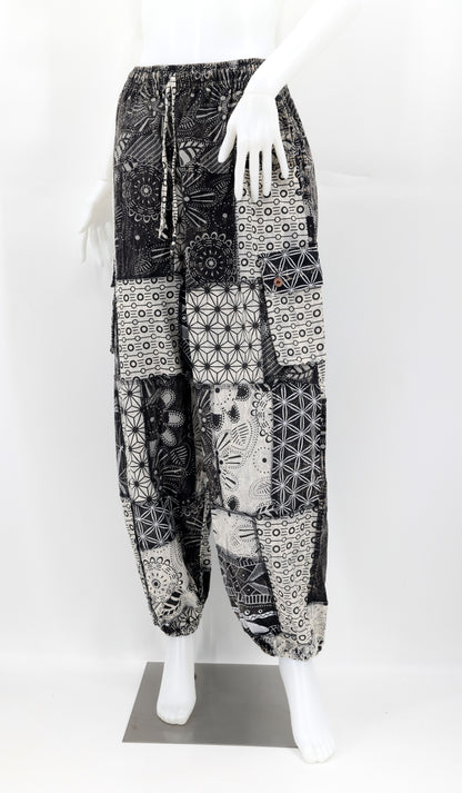 Geometric Patchwork Cargo Pants | Straight Leg Cotton Harem Pants