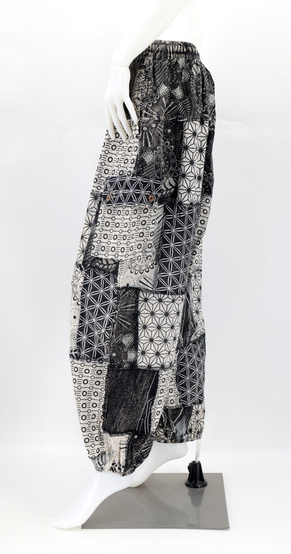 Geometric Patchwork Cargo Pants | Straight Leg Cotton Harem Pants