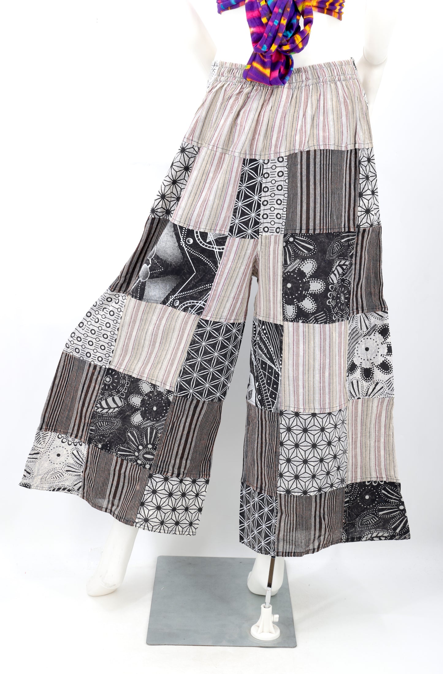 Geometric Patchwork Wide Leg Palazzo Pants | Black & White Cotton Trousers