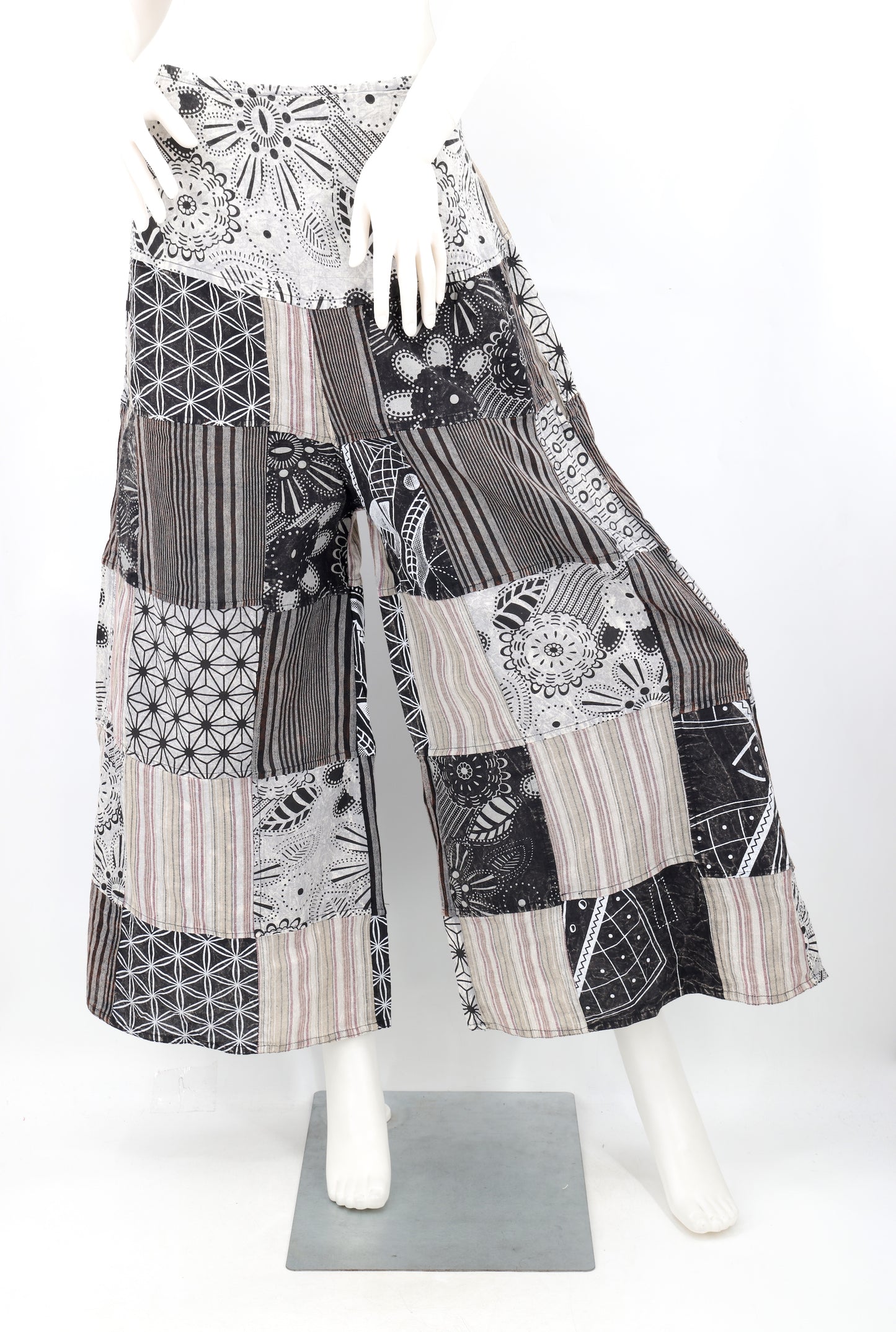 Geometric Patchwork Wide Leg Palazzo Pants | Black & White Cotton Trousers