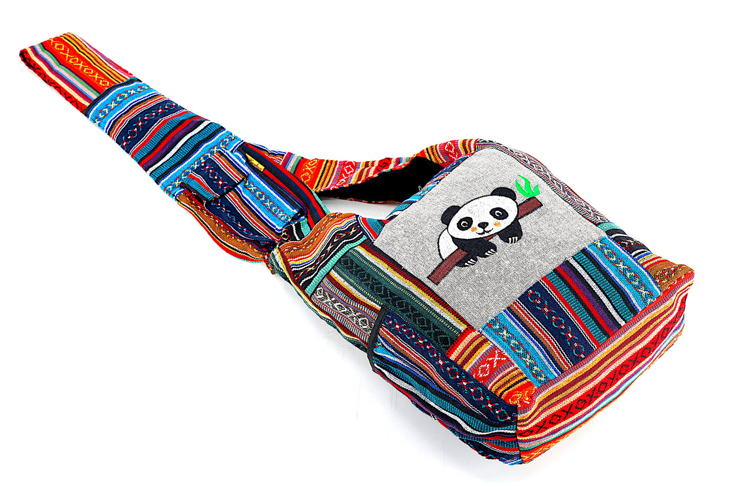 Cotton Baby Panda Hand Embroidered Gheri Mix Crossbody Bag