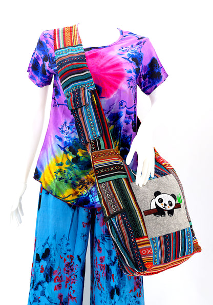 Gheri Patchwork Baby Panda Crossbody Bag | Embroidered Patchwork Messenger Bag