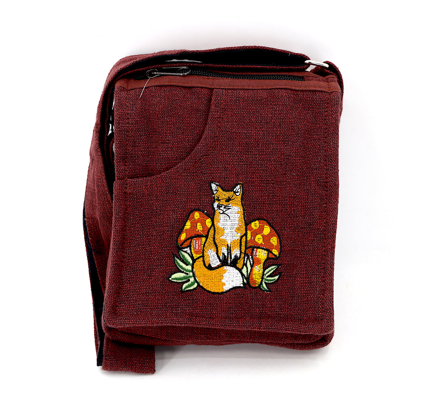 Cotton Fox Mushroom Hand Embroidered Passport Bag