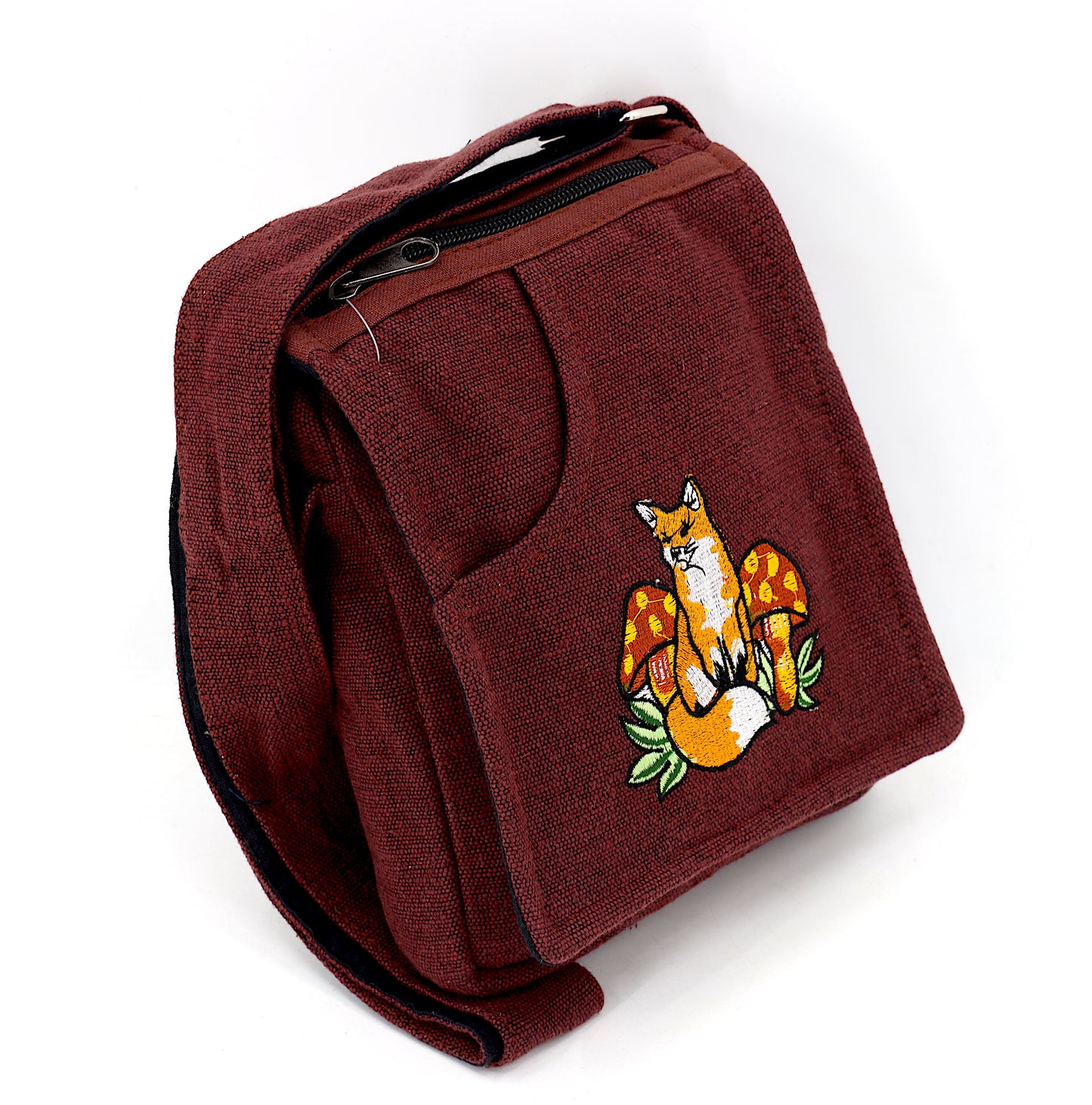 Cotton Fox Mushroom Hand Embroidered Passport Bag