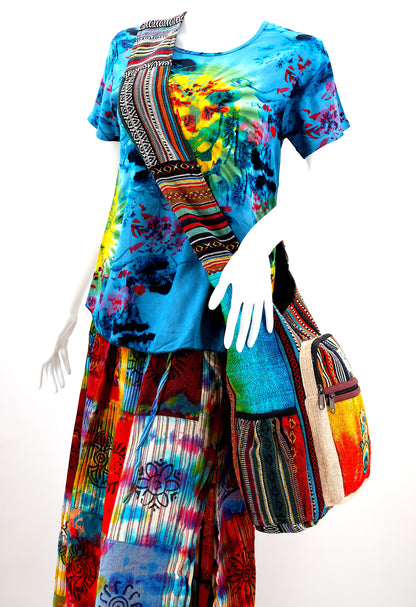 Tie Dye Hamsa Hand Hemp Crossbody Bag | Hand Embroidered Festival Bag