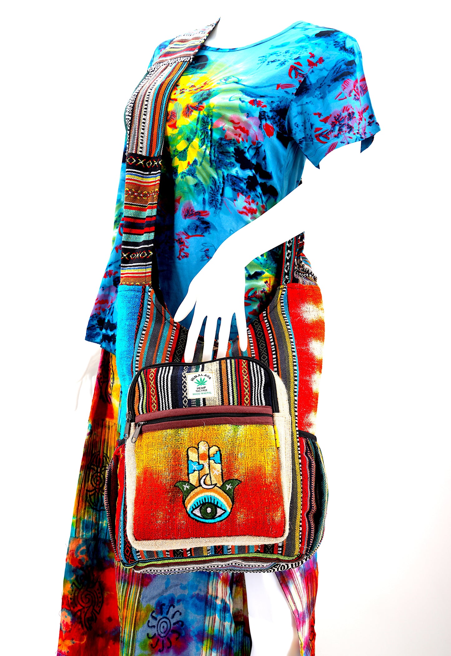 Hemp Hamsa Hand Embroidered Tie Dye Crossbody Bag