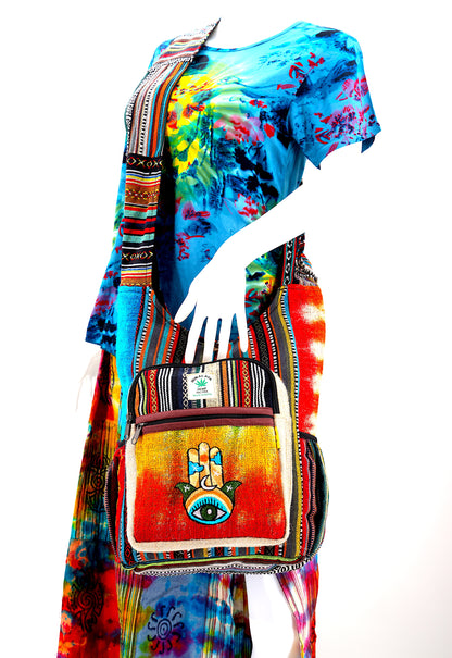 Tie Dye Hamsa Hand Hemp Crossbody Bag | Hand Embroidered Festival Bag
