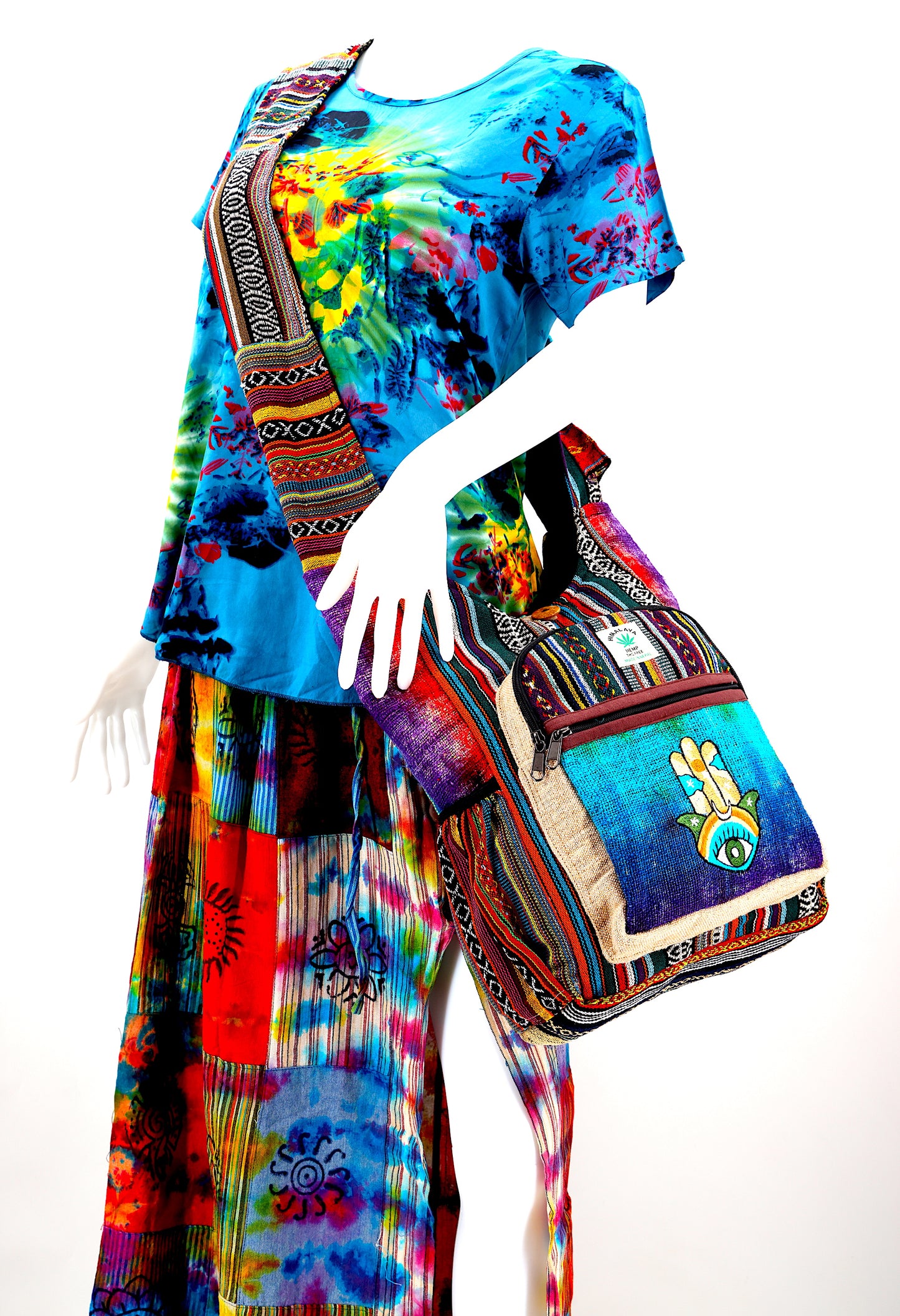 Hemp Hamsa Hand Embroidered Tie Dye Crossbody Bag