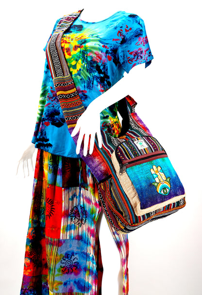 Tie Dye Hamsa Hand Hemp Crossbody Bag | Hand Embroidered Festival Bag