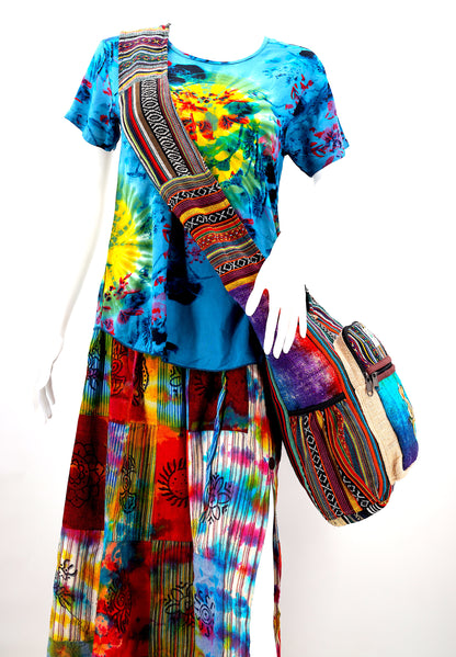 Tie Dye Hamsa Hand Hemp Crossbody Bag | Hand Embroidered Festival Bag