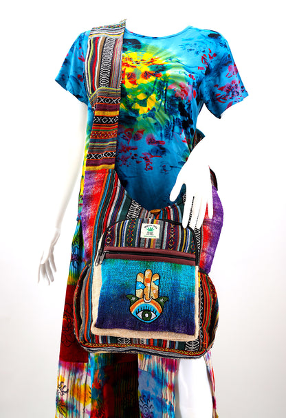 Tie Dye Hamsa Hand Hemp Crossbody Bag | Hand Embroidered Festival Bag