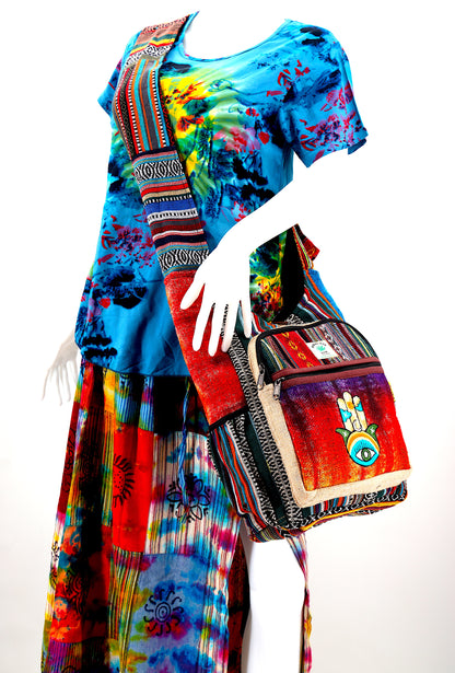 Tie Dye Hamsa Hand Hemp Crossbody Bag | Hand Embroidered Festival Bag
