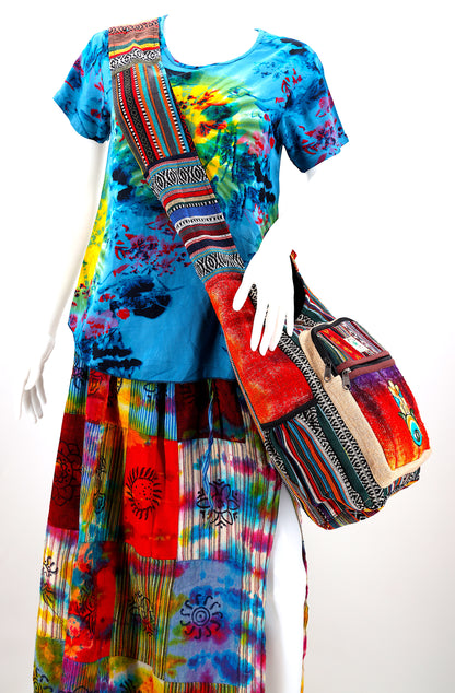 Tie Dye Hamsa Hand Hemp Crossbody Bag | Hand Embroidered Festival Bag