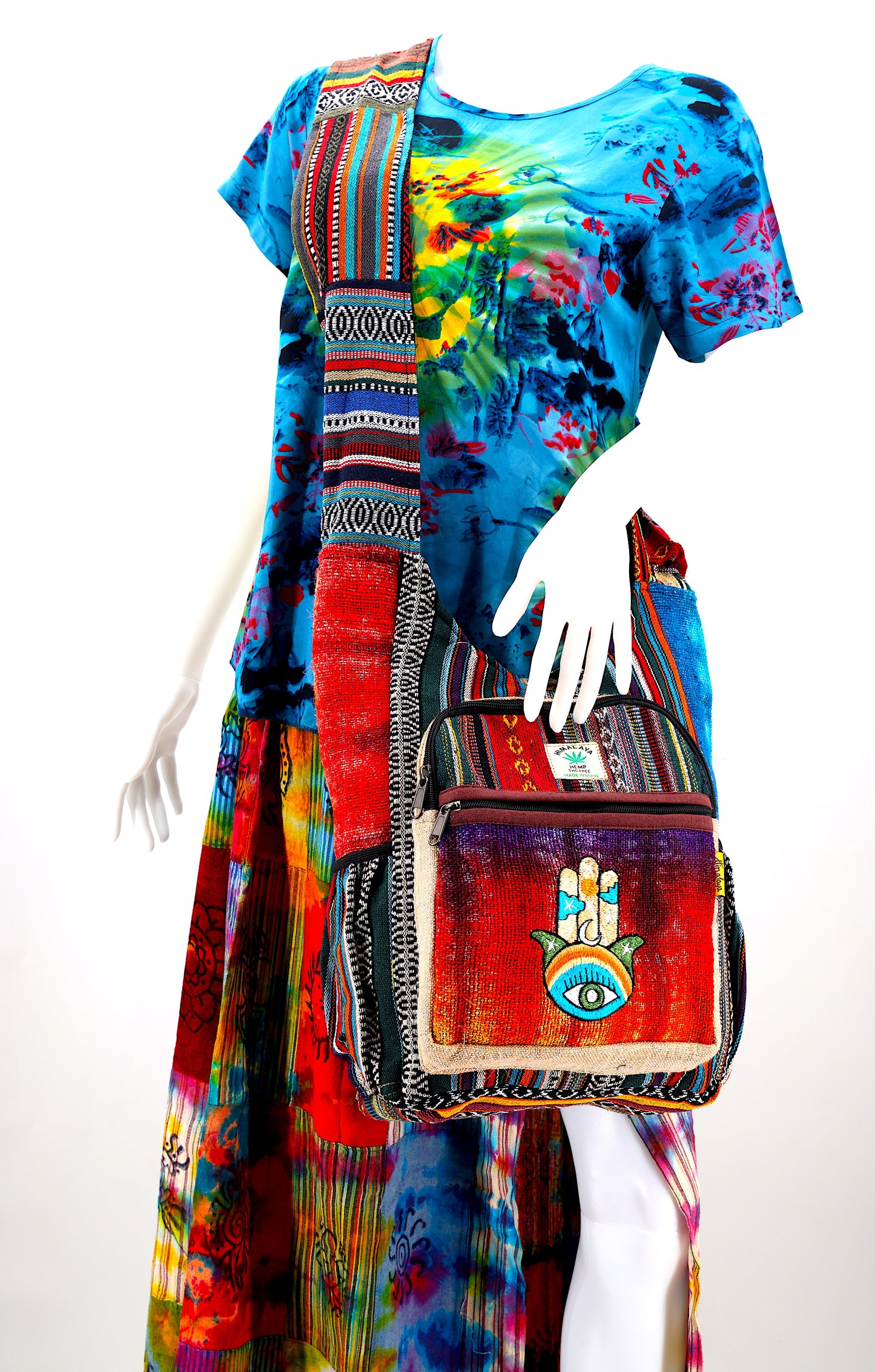 Hemp Hamsa Hand Embroidered Tie Dye Crossbody Bag