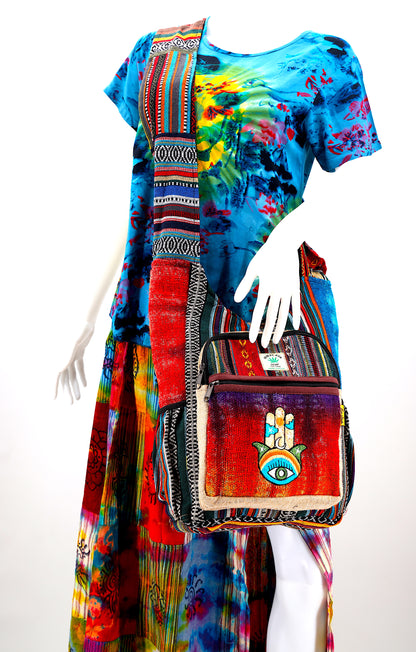 Tie Dye Hamsa Hand Hemp Crossbody Bag | Hand Embroidered Festival Bag