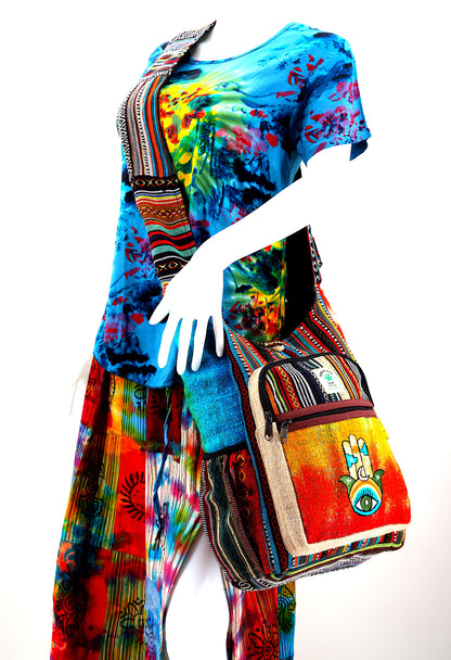 Tie Dye Hamsa Hand Hemp Crossbody Bag | Hand Embroidered Festival Bag