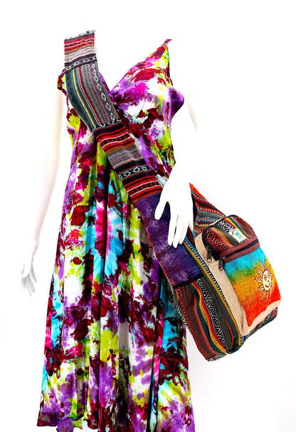 Tie Dye Smiling Sun Hemp Crossbody Bag | Hand Embroidered Festival Bag