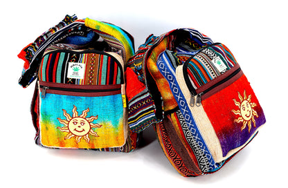 Tie Dye Smiling Sun Hemp Crossbody Bag | Hand Embroidered Festival Bag