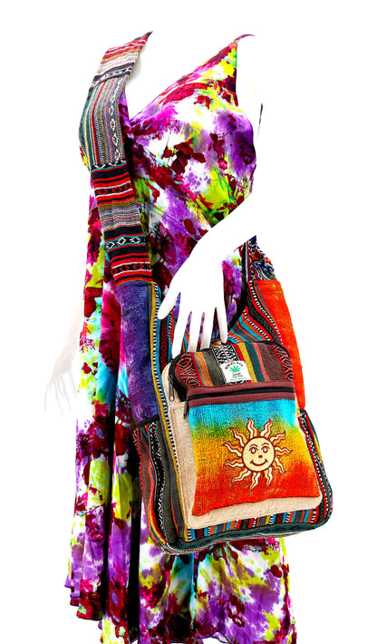 Tie Dye Smiling Sun Hemp Crossbody Bag | Hand Embroidered Festival Bag