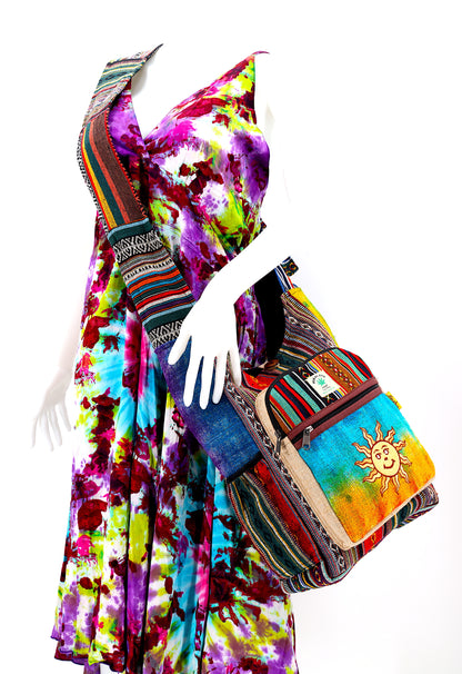 Tie Dye Smiling Sun Hemp Crossbody Bag | Hand Embroidered Festival Bag