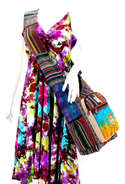 Tie Dye Smiling Sun Hemp Crossbody Bag | Hand Embroidered Festival Bag