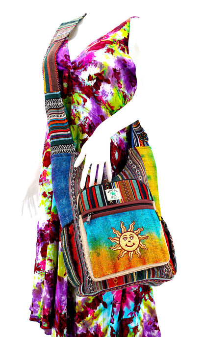 Tie Dye Smiling Sun Hemp Crossbody Bag | Hand Embroidered Festival Bag
