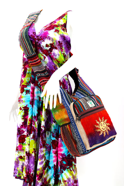 Tie Dye Smiling Sun Hemp Crossbody Bag | Hand Embroidered Festival Bag