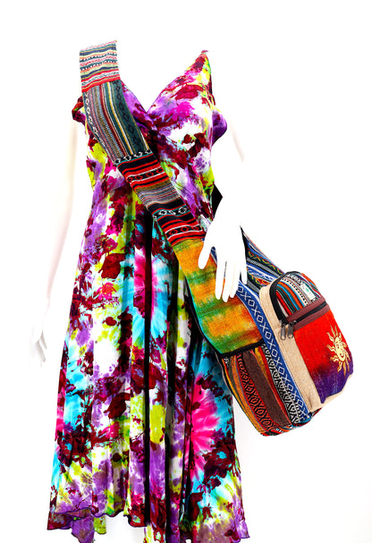 Tie Dye Smiling Sun Hemp Crossbody Bag | Hand Embroidered Festival Bag