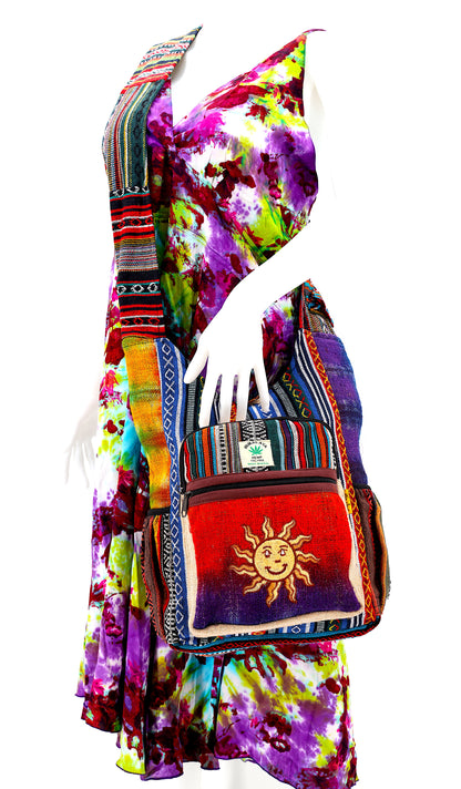 Tie Dye Smiling Sun Hemp Crossbody Bag | Hand Embroidered Festival Bag
