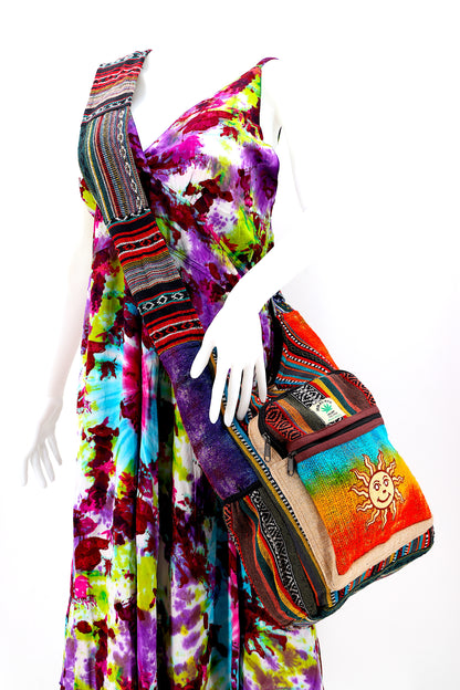 Tie Dye Smiling Sun Hemp Crossbody Bag | Hand Embroidered Festival Bag