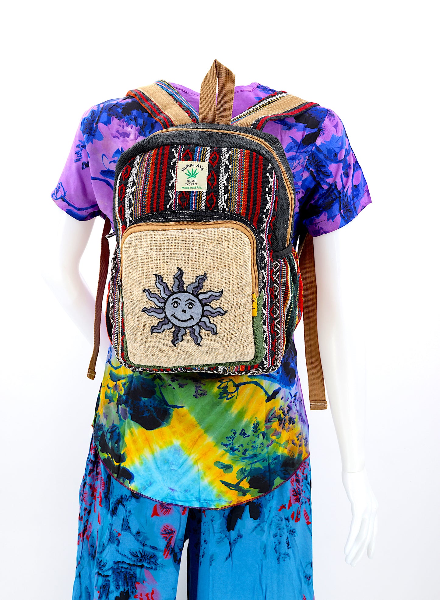 Hemp Smiling Sun Hand Embroidered Mini Backpack