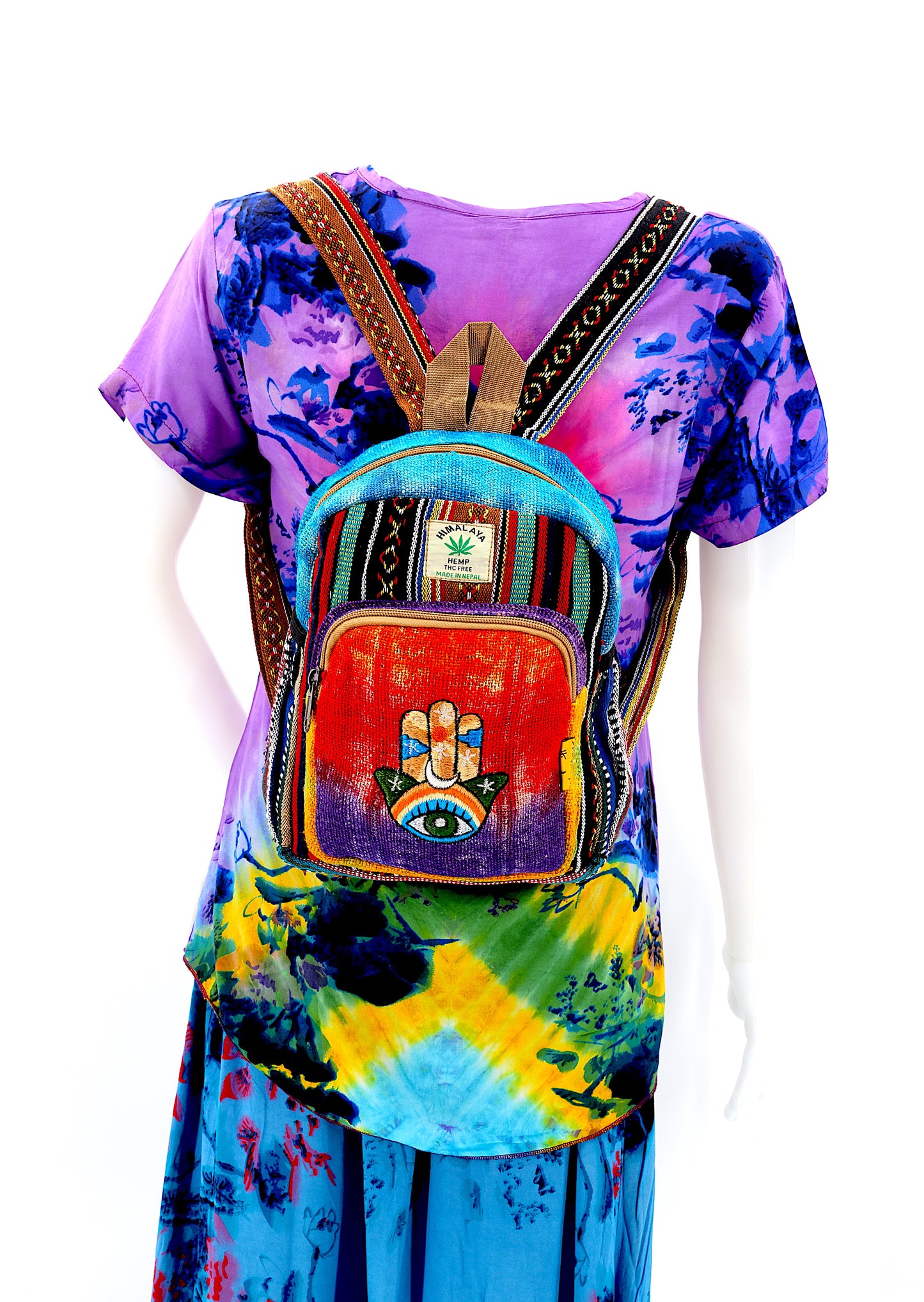 Hemp Hamsa Hand Embroidered Tie Dye Small Backpack