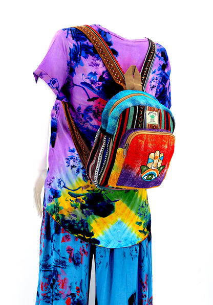 Hamsa Hand Hemp Small Backpack | Tie Dye Accessory Bag