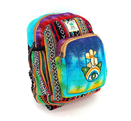 Hemp Hamsa Hand Embroidered Tie Dye Small Backpack