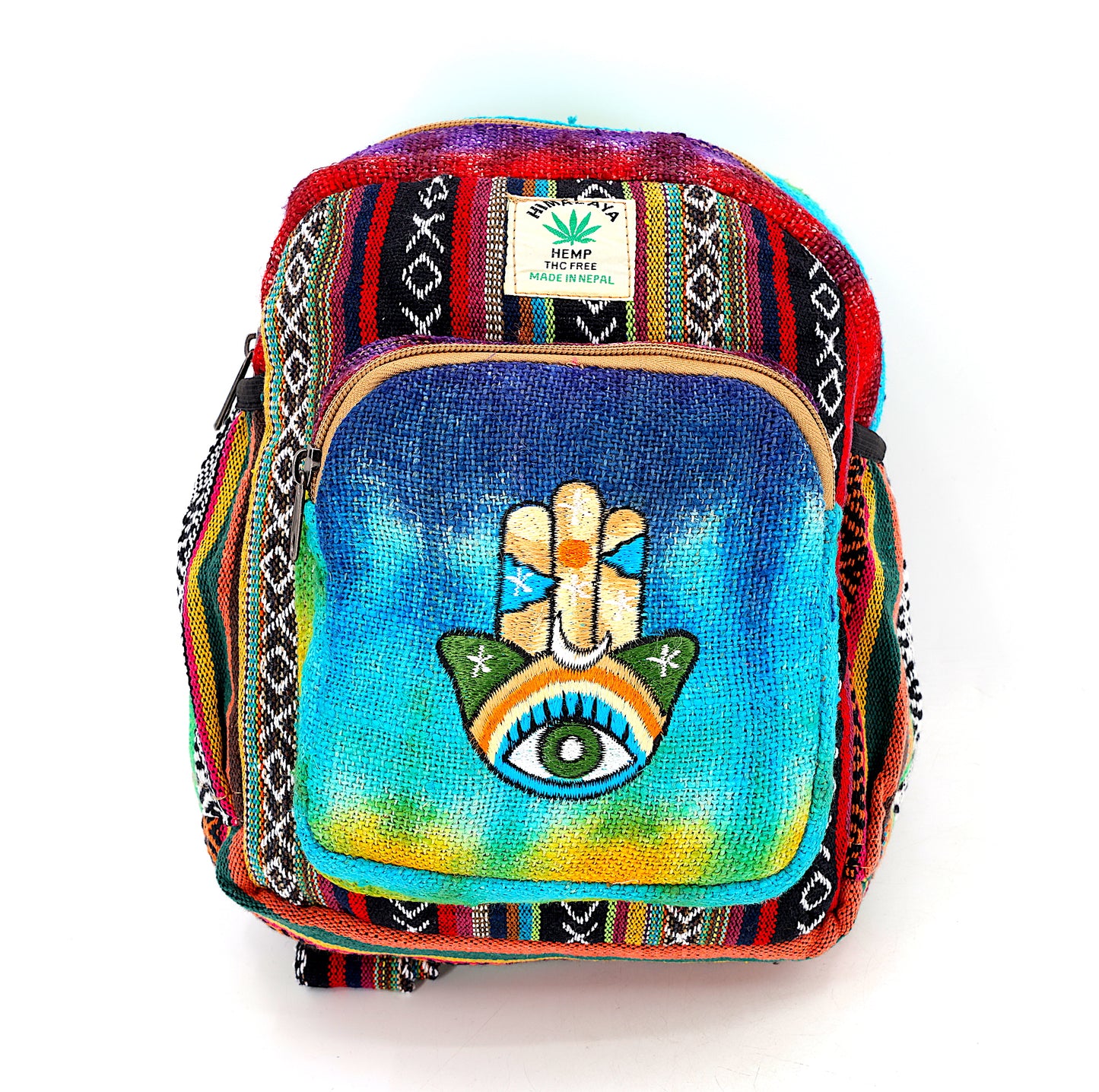 Hemp Hamsa Hand Embroidered Tie Dye Small Backpack