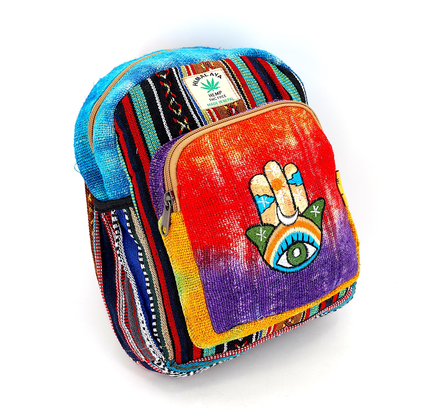 Hemp Hamsa Hand Embroidered Tie Dye Small Backpack