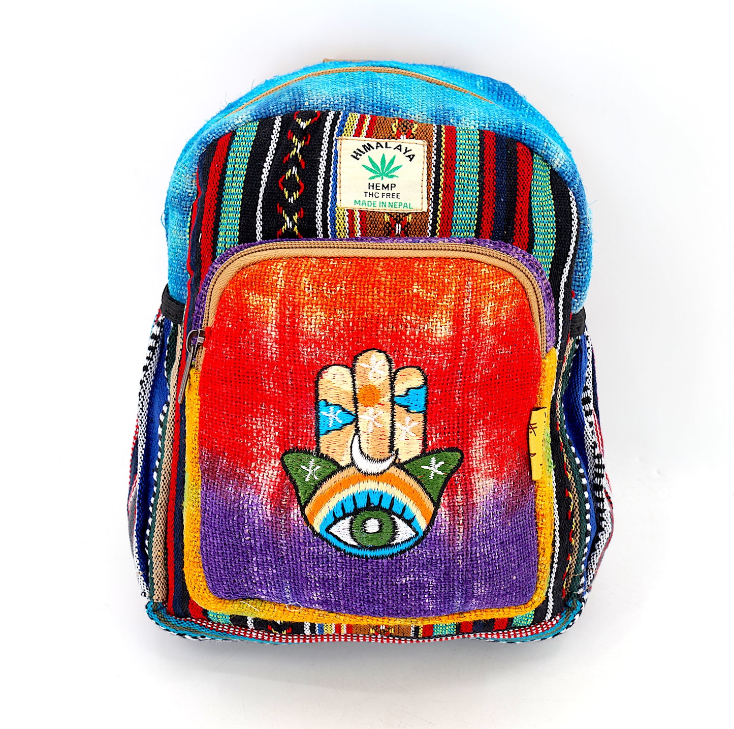 Hemp Hamsa Hand Embroidered Tie Dye Small Backpack