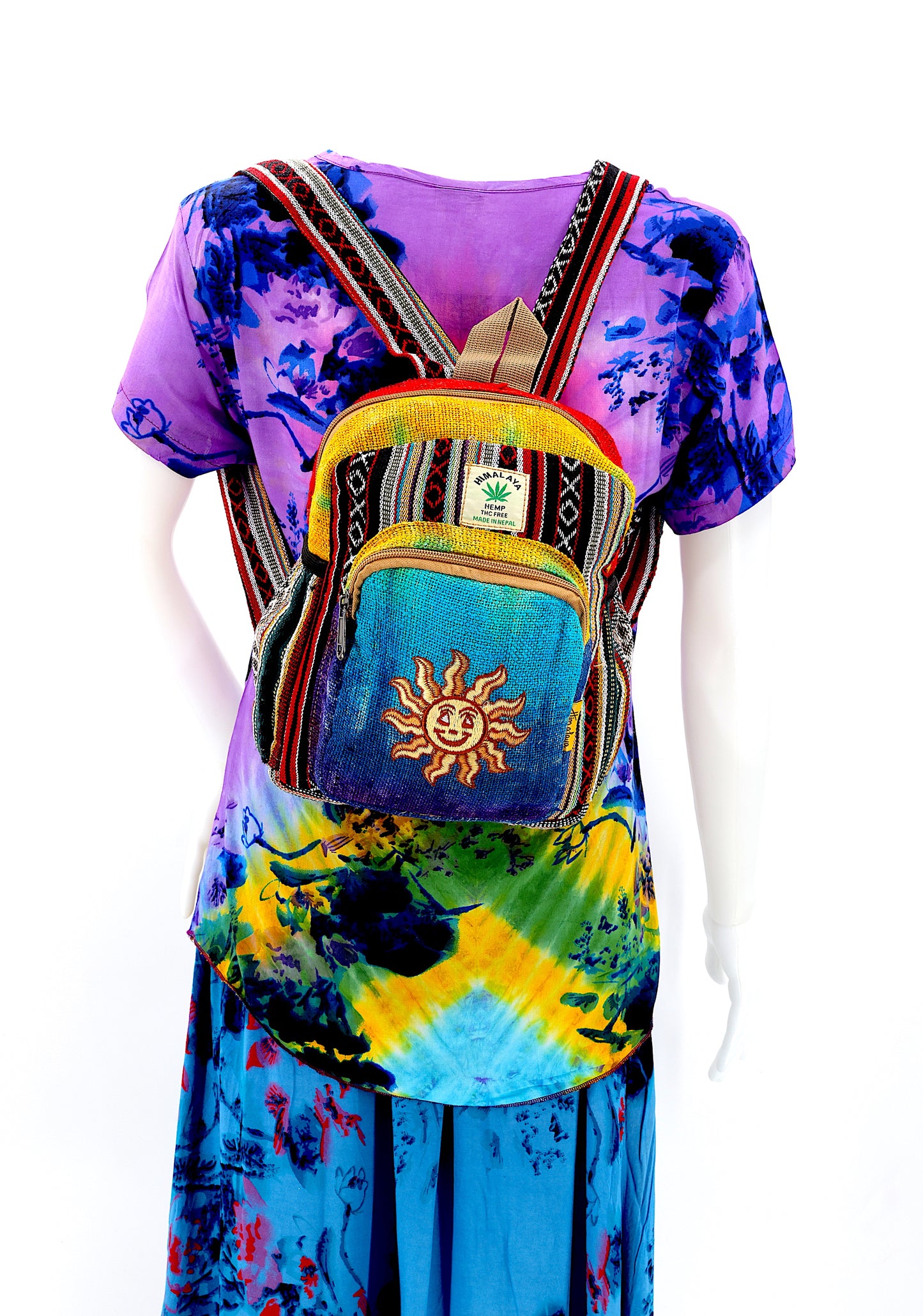 Hemp Smiling Sun Hand Embroidered Tie Dye Small Backpack