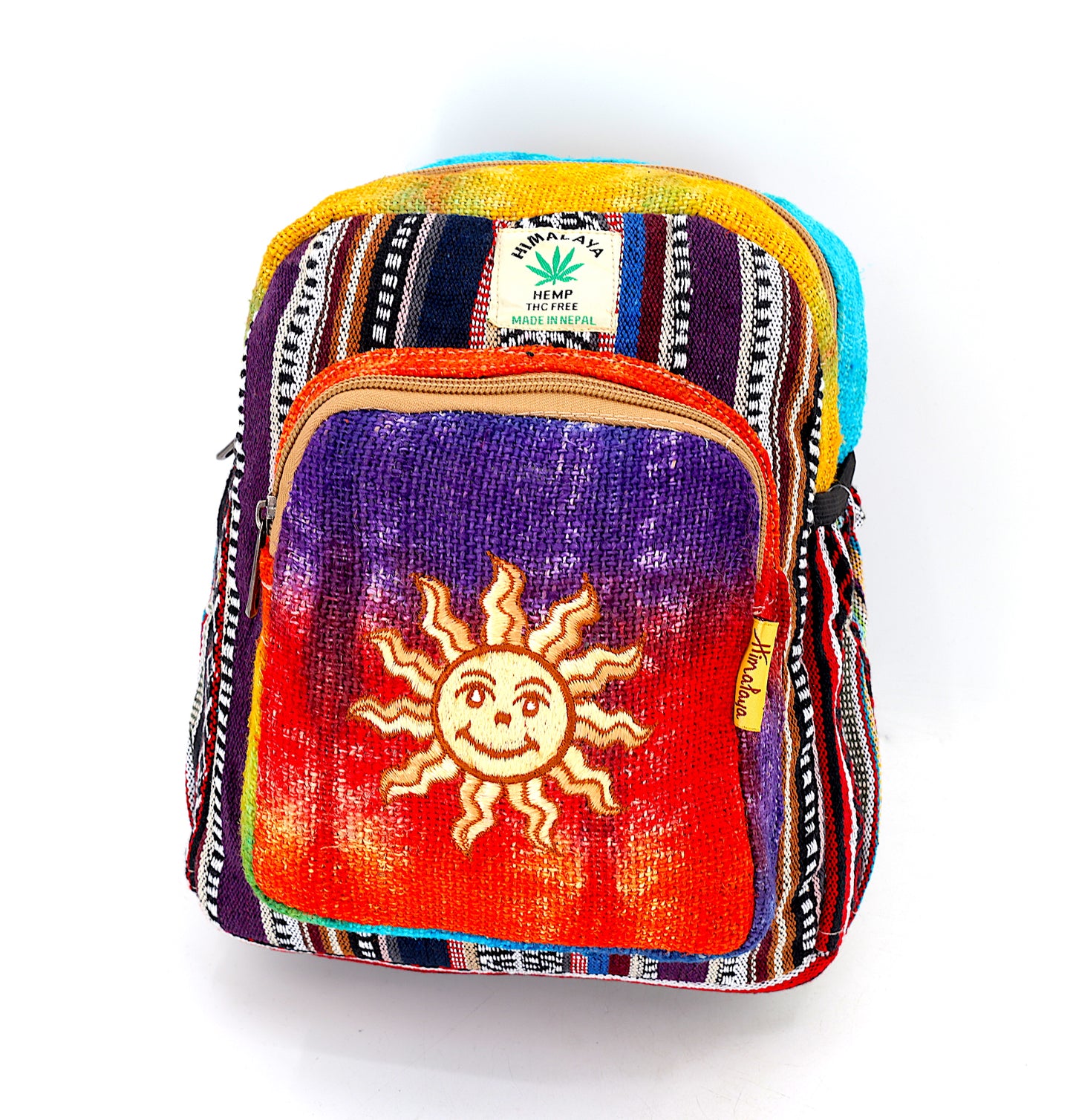 Hemp Smiling Sun Hand Embroidered Tie Dye Small Backpack