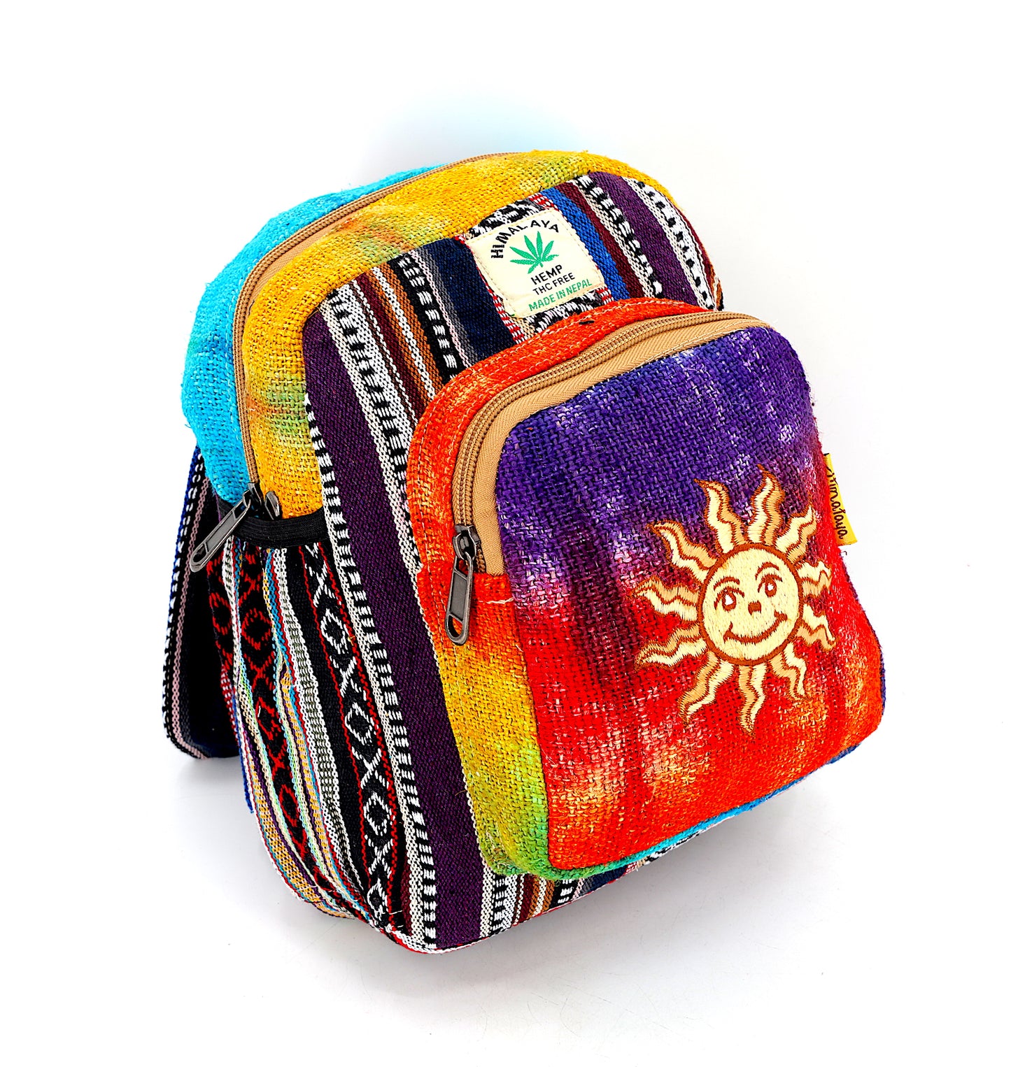 Hemp Smiling Sun Hand Embroidered Tie Dye Small Backpack