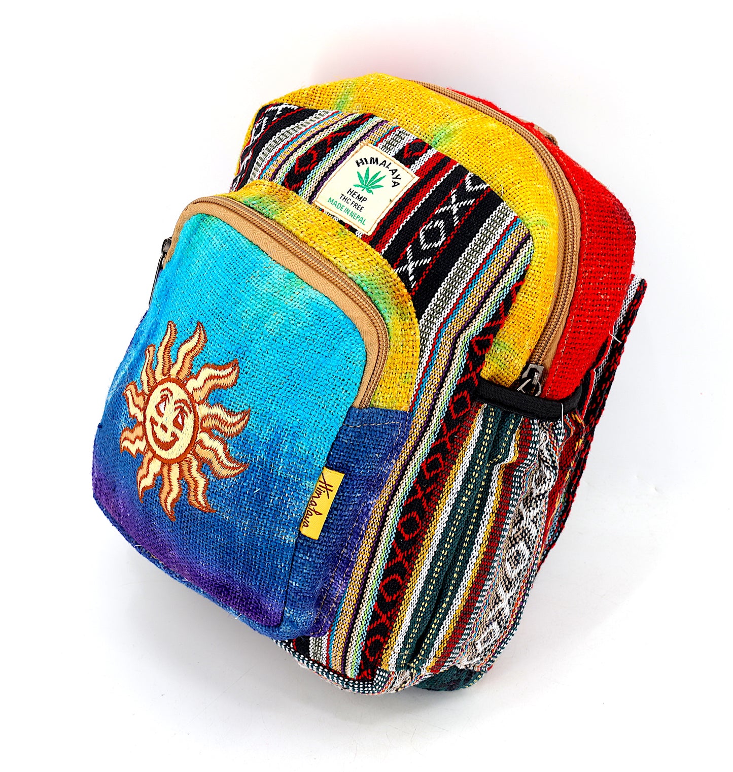 Hemp Smiling Sun Hand Embroidered Tie Dye Small Backpack