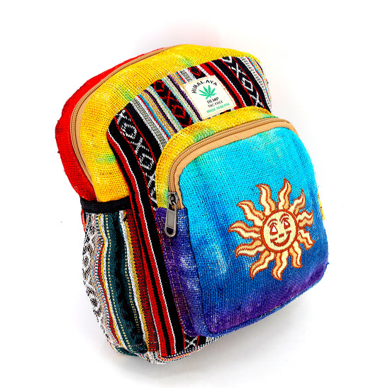 Hemp Smiling Sun Hand Embroidered Tie Dye Small Backpack