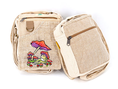 Frog Mushroom Hemp Passport Bag | Hand Embroidered Messenger Bag