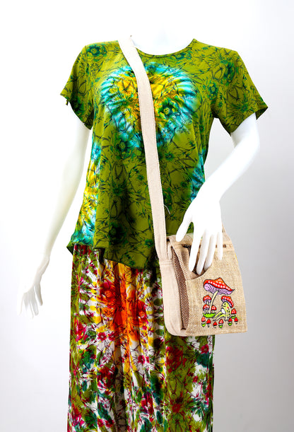 Frog Mushroom Hemp Passport Bag | Hand Embroidered Messenger Bag
