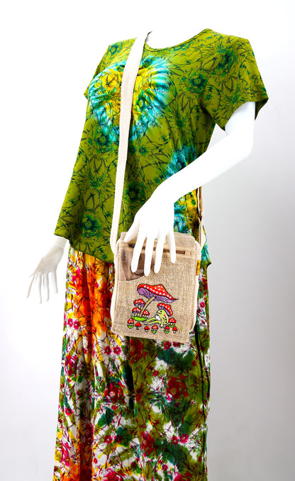 Frog Mushroom Hemp Passport Bag | Hand Embroidered Messenger Bag