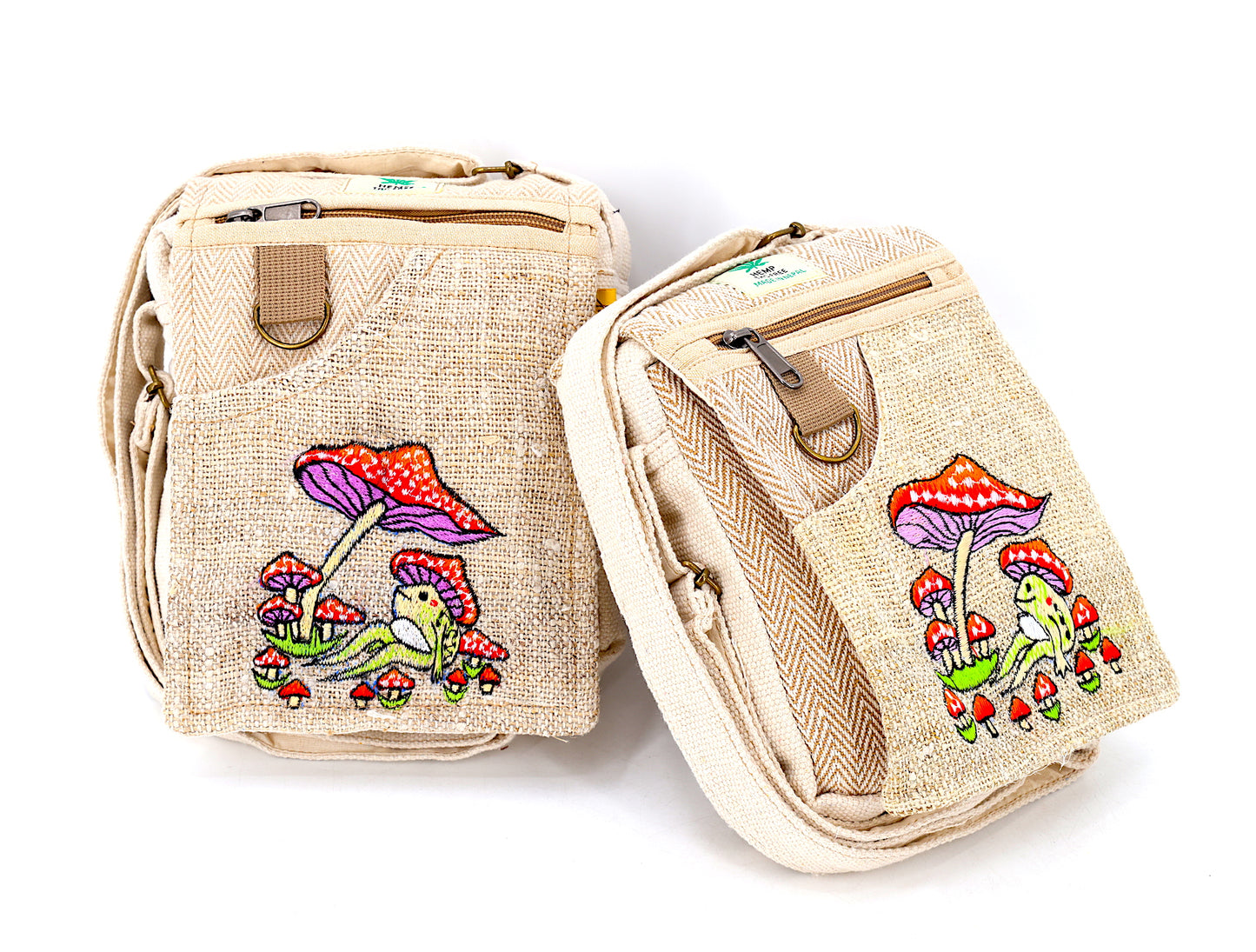 Hemp Frog Mushroom Hand Embroidered Passport Bag