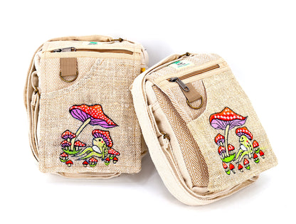 Frog Mushroom Hemp Passport Bag | Hand Embroidered Messenger Bag