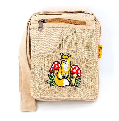 Fox Mushroom Hemp Passport Bag | Hand Embroidered Messenger Bag