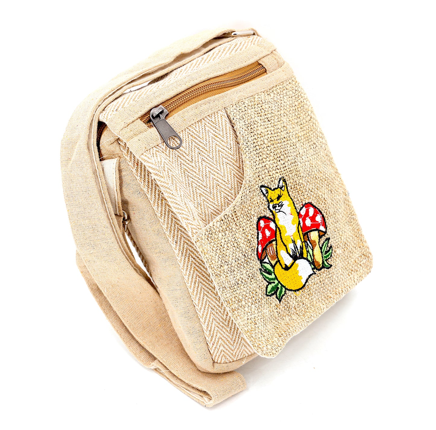 Hemp Fox Mushroom Hand Embroidered Passport Bag